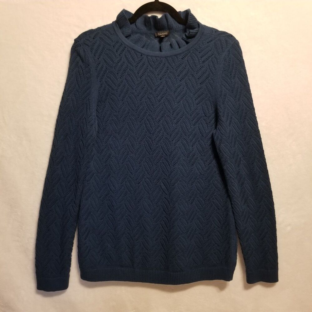 Talbots M Sweater Teal Ruffle Neck Wool Blend Open Knit Preppy Office Feminine
